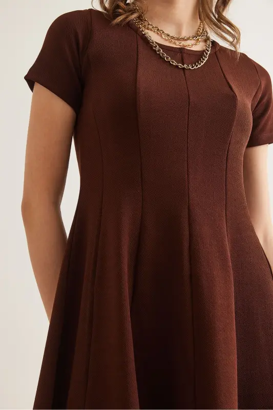 Woman Brown Patchwork Trendy Mini Flared Dress EL - 6