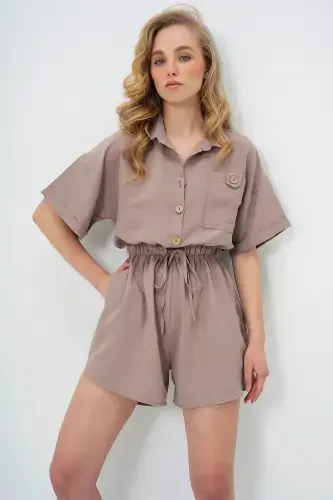 Woman Brown Shirt Collar Double Pocket Shorts Jumpsuit ALC-X11611-BROWN - 2