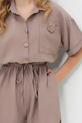 Woman Brown Shirt Collar Double Pocket Shorts Jumpsuit ALC-X11611-BROWN - 4