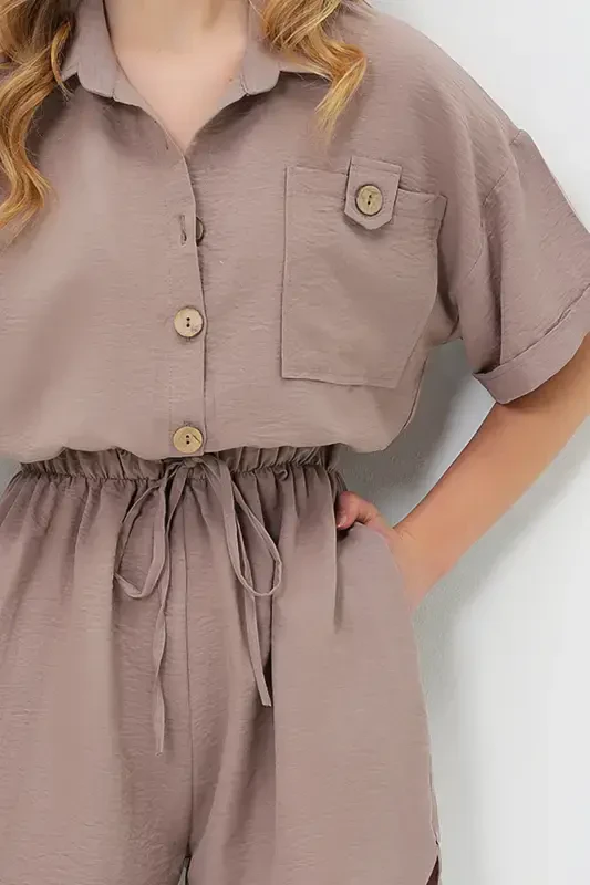 Woman Brown Shirt Collar Double Pocket Shorts Jumpsuit ALC-X11611-BROWN - 4