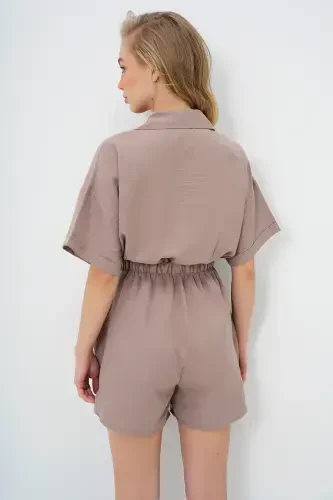 Woman Brown Shirt Collar Double Pocket Shorts Jumpsuit ALC-X11611-BROWN - 6