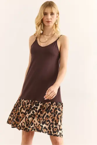 Woman Brown Skirt Leopard Trimmed Sundress 