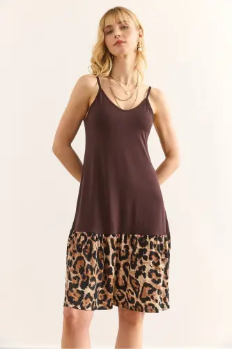 Woman Brown Skirt Leopard Trimmed Sundress - OLALOOK (1)