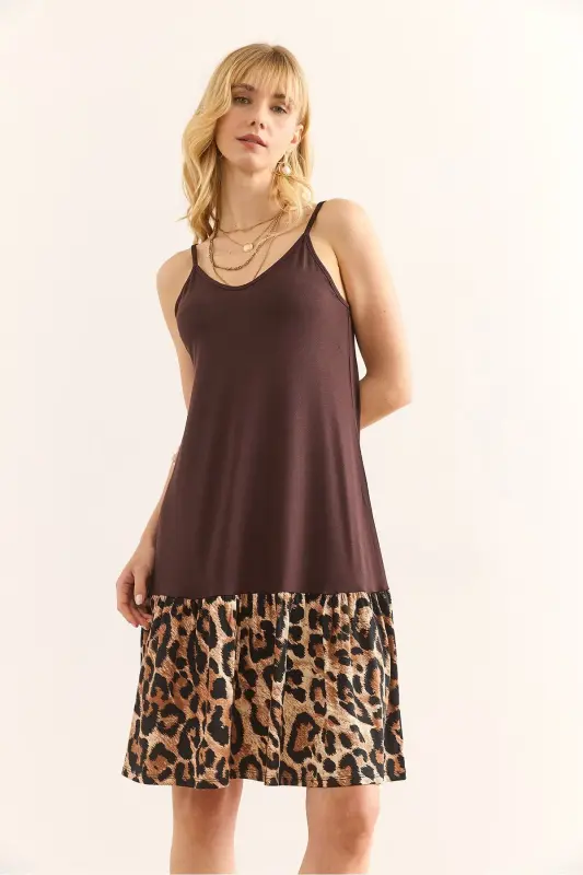 Woman Brown Skirt Leopard Trimmed Sundress - 3