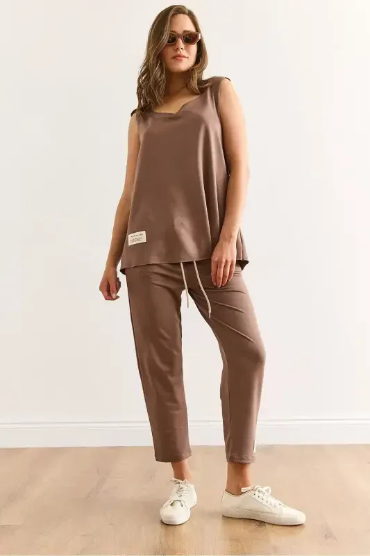 Woman Brown Sleeveless Loose Blouse Set Crystal - 4