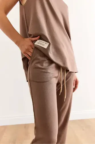 Woman Brown Sleeveless Loose Blouse Set Crystal - 5