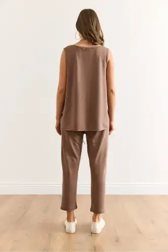 Woman Brown Sleeveless Loose Blouse Set Crystal - 6