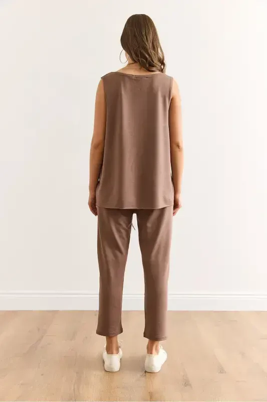 Woman Brown Sleeveless Loose Blouse Set Crystal - 6