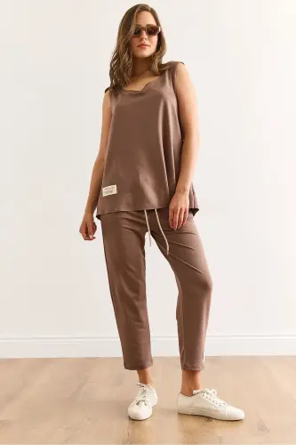 Woman Brown Sleeveless Loose Blouse Set Crystal - 4