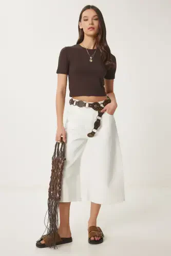 Woman Brown Turtleneck Crop T-Shirt UB00064-Brown - 1