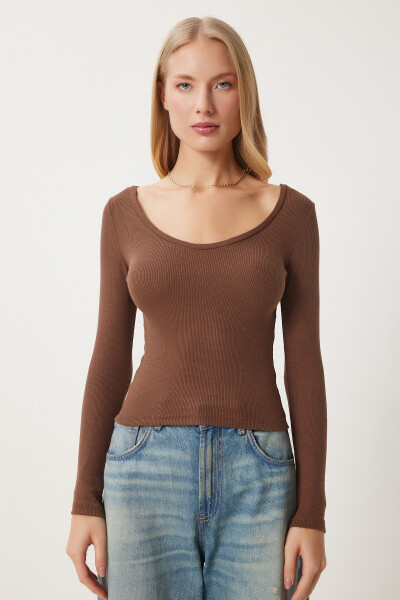Woman Brown V Neck Ribbed Lycra Knit Blouse GT00057 - 6