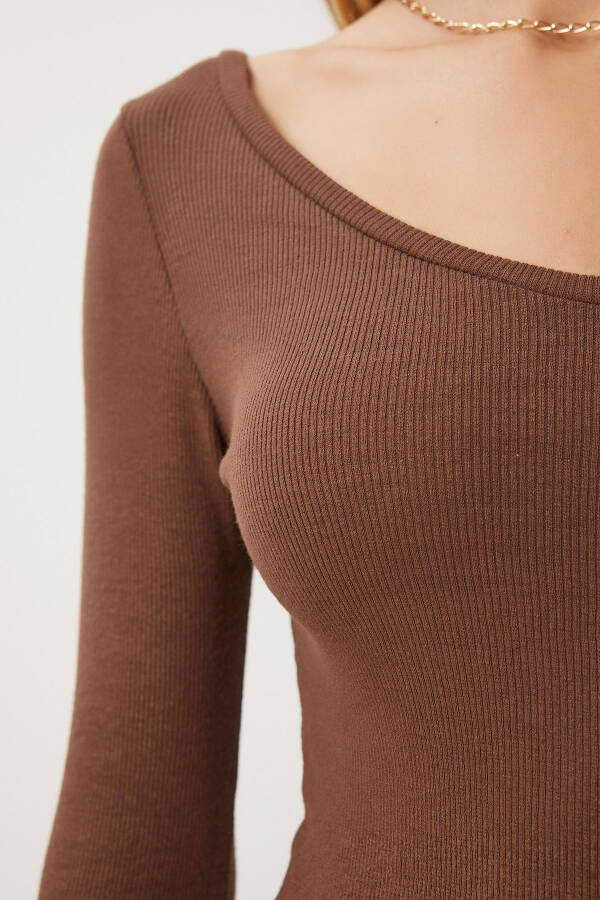 Woman Brown V Neck Ribbed Lycra Knit Blouse GT00057 - 7