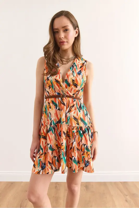 Woman Brush Orange Crossover Neck Elastic Waist Knit - 2