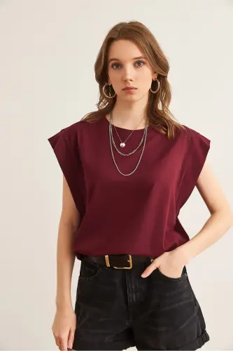 Woman Burgundy Armpit Detailed Bat T-Shirt TSH- - 3