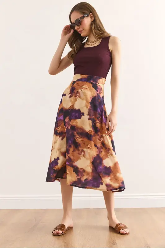 Woman Burgundy Batik Hidden Side Zipper Detailed Midi - OLALOOK