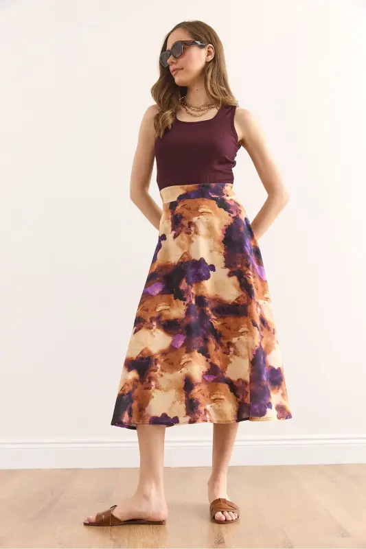 Woman Burgundy Batik Hidden Side Zipper Detailed Midi - 3