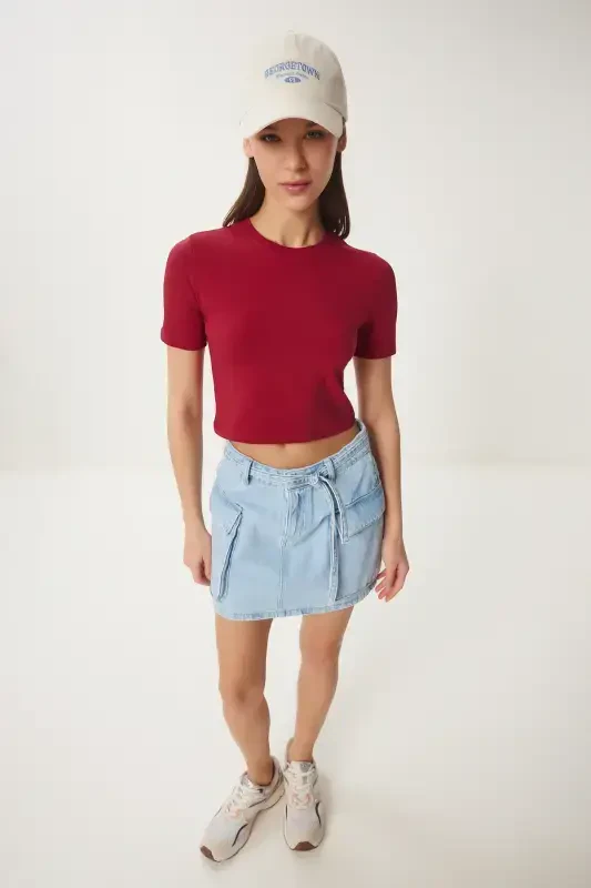 Woman Burgundy Bicycle Neck Crop T-Shirt UB00064-Burgundy - HAPPINESS İSTANBUL