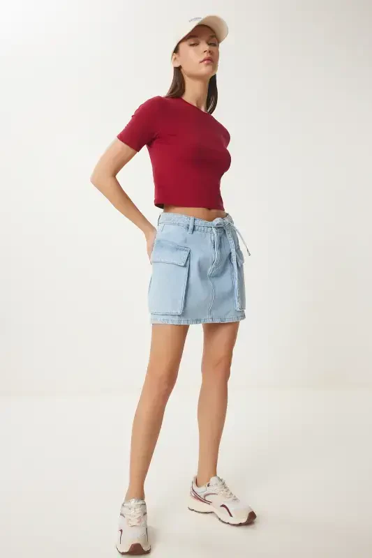 Woman Burgundy Bicycle Neck Crop T-Shirt UB00064-Burgundy - 2