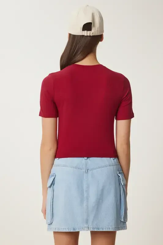 Woman Burgundy Bicycle Neck Crop T-Shirt UB00064-Burgundy - 5