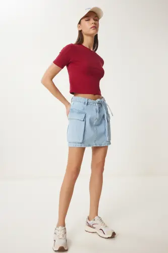 Woman Burgundy Bicycle Neck Crop T-Shirt UB00064-Burgundy - HAPPINESS İSTANBUL (1)