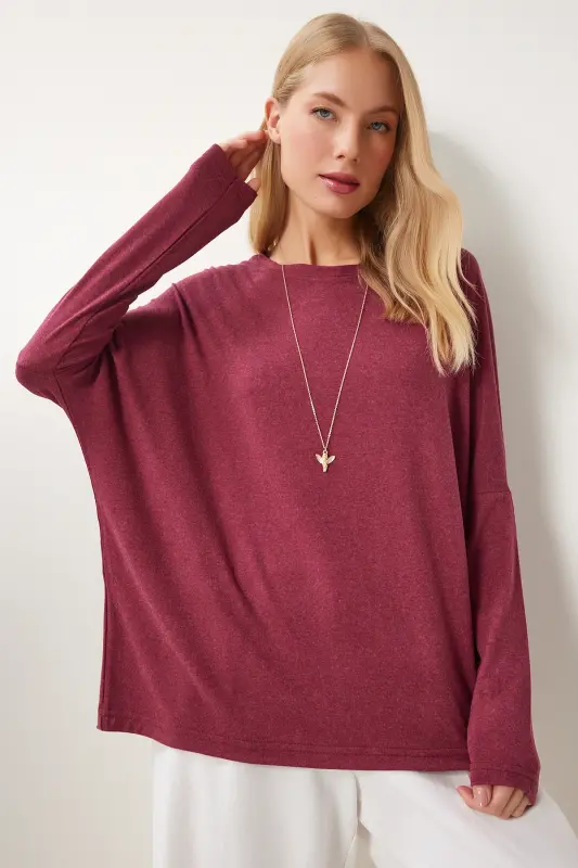Woman Burgundy Bike Collar Bat Sleeve Knitted Blouse EN00616-Burgundy - 2