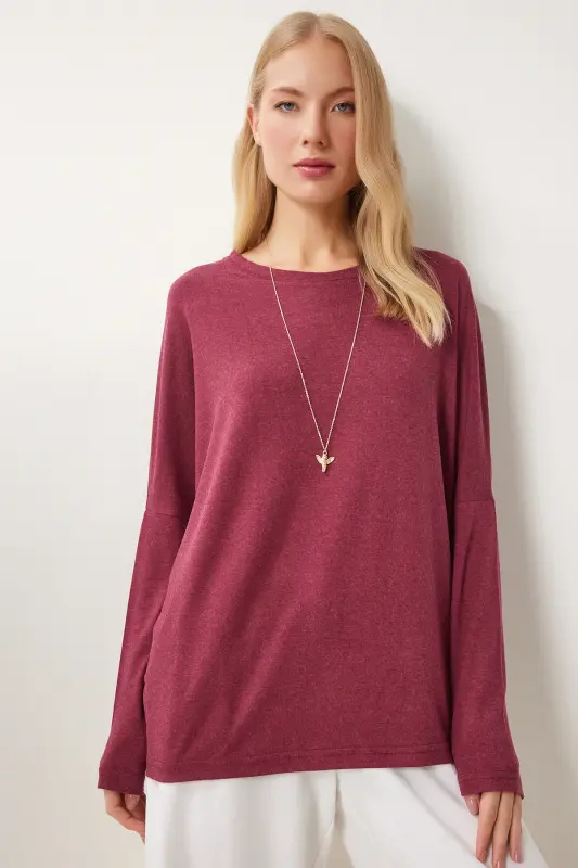 Woman Burgundy Bike Collar Bat Sleeve Knitted Blouse EN00616-Burgundy - 3