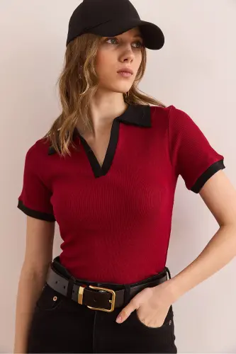 Woman Burgundy Black Polo Neck Color Detailed Flexible Cotton - 4