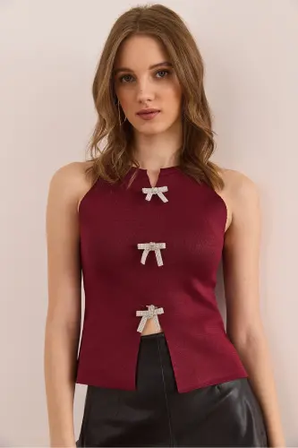 Woman Burgundy Bow Stone Detailed Halter Neck Knit B - OLALOOK (1)