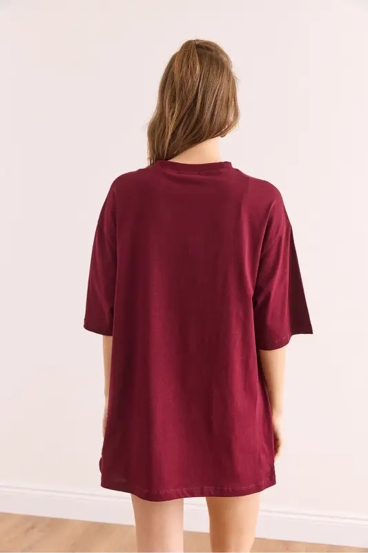 Woman Burgundy Button Detail Cotton T-Shirt TSH-19000 - 2