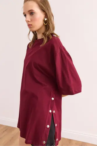 Woman Burgundy Button Detail Cotton T-Shirt TSH-19000 - 3