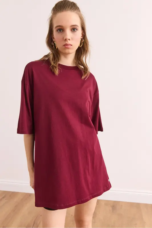Woman Burgundy Button Detail Cotton T-Shirt TSH-19000 - 5