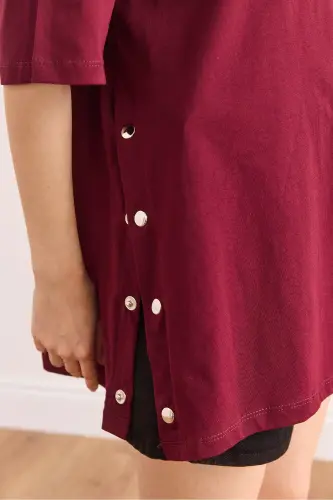 Woman Burgundy Button Detail Cotton T-Shirt TSH-19000 - 7