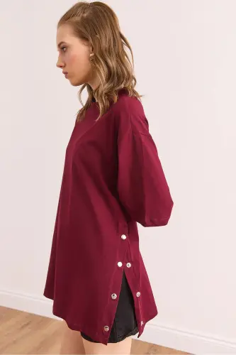 Woman Burgundy Button Detail Cotton T-Shirt TSH-19000 - 5