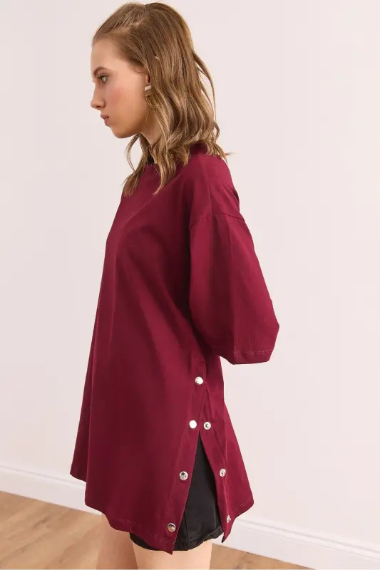 Woman Burgundy Button Detail Cotton T-Shirt TSH-19000 - 5