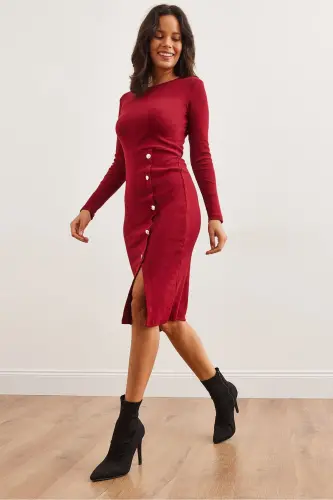 Woman Burgundy Button Detailed Slit Midi Flexible Dress 