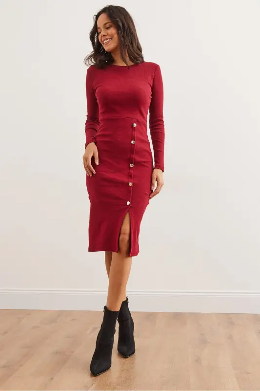 Woman Burgundy Button Detailed Slit Midi Flexible Dress - 4