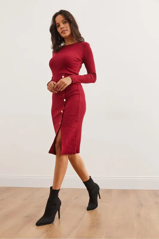 Woman Burgundy Button Detailed Slit Midi Flexible Dress - 5