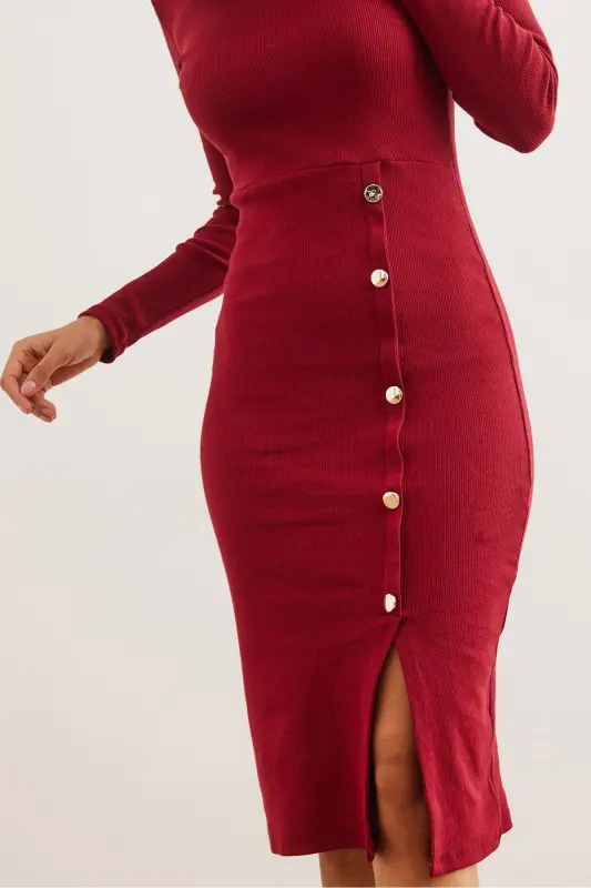Woman Burgundy Button Detailed Slit Midi Flexible Dress - 6