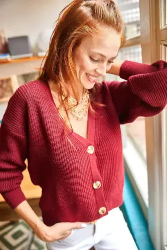 Woman Burgundy Buttoned Cardigan HRK-19000046-BORDEAUX - 1