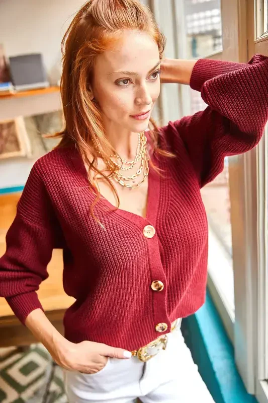 Woman Burgundy Buttoned Cardigan HRK-19000046-BORDEAUX - 3