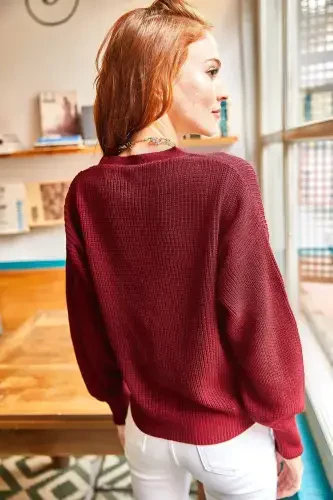 Woman Burgundy Buttoned Cardigan HRK-19000046-BORDEAUX - 6