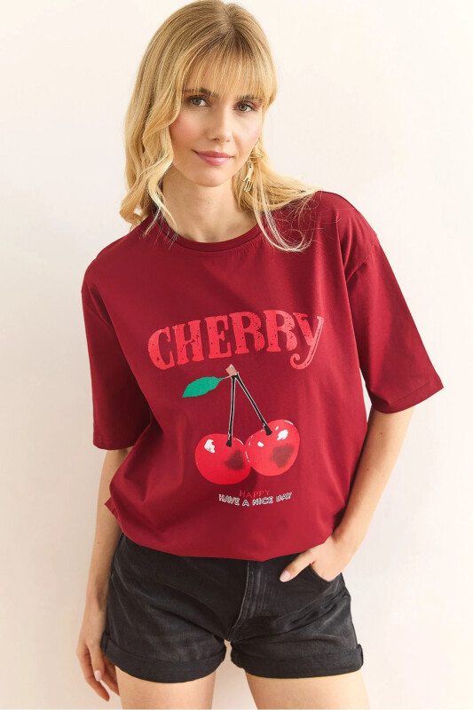 Woman Burgundy Cherry Printed Cotton T-Shirt TSH-1900089 - 1