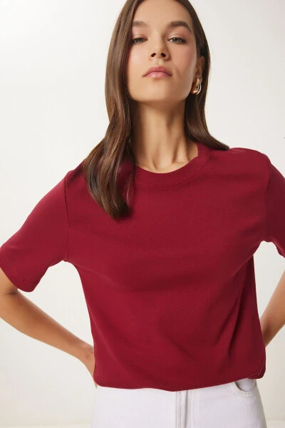 Woman Burgundy Cotton Basic Knitted T-Shirt AG00001-Bor - HAPPINESS İSTANBUL (1)