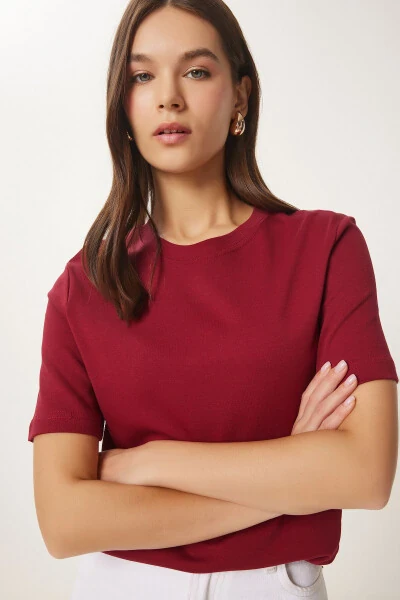 Woman Burgundy Cotton Basic Knitted T-Shirt AG00001-Bor - 3