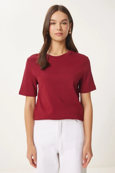 Woman Burgundy Cotton Basic Knitted T-Shirt AG00001-Bor - 4