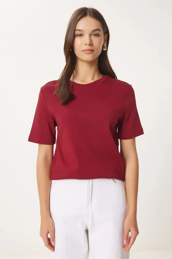 Woman Burgundy Cotton Basic Knitted T-Shirt AG00001-Bor - 4