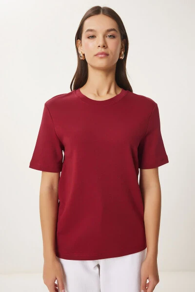 Woman Burgundy Cotton Basic Knitted T-Shirt AG00001-Bor - 5