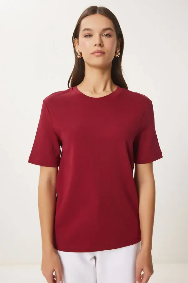 Woman Burgundy Cotton Basic Knitted T-Shirt AG00001-Bor - 5