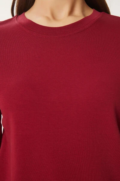 Woman Burgundy Cotton Basic Knitted T-Shirt AG00001-Bor - 6