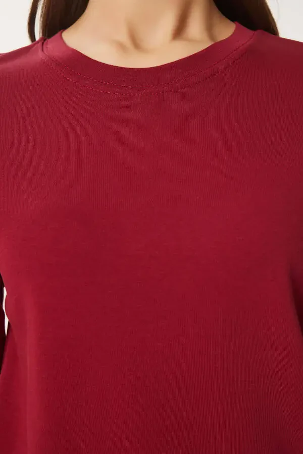 Woman Burgundy Cotton Basic Knitted T-Shirt AG00001-Bor - 6
